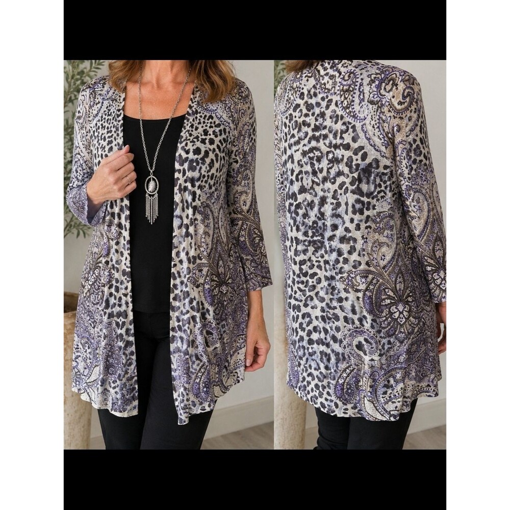 Chico’s Linen Blend Open Cardigan Animal Print Paisley Purple Beige Size 2 Large
